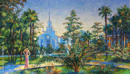 Green park near the seaport of Sochi. Landscape in the center of the city. Painting: canvas, oil. Author: Nikolay Sivenkov.