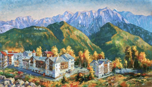 Fototapeta samoprzylepna Jesień w górach Krasnej Polany. Górski krajobraz ośrodka narciarskiego Rosa Khutor. Malarstwo: płótno, olej. Autor: Nikolay Sivenkov.