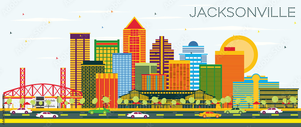 Obraz premium Jacksonville Florida Skyline with Color Buildings and Blue Sky.
