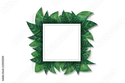 square watercolor template with green leaves and place for text. © Ira Kozhevnikova