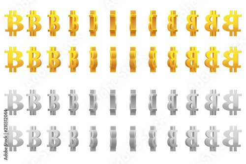 Effect 3D animation of golden and silver metal spinning BITCOIN sign