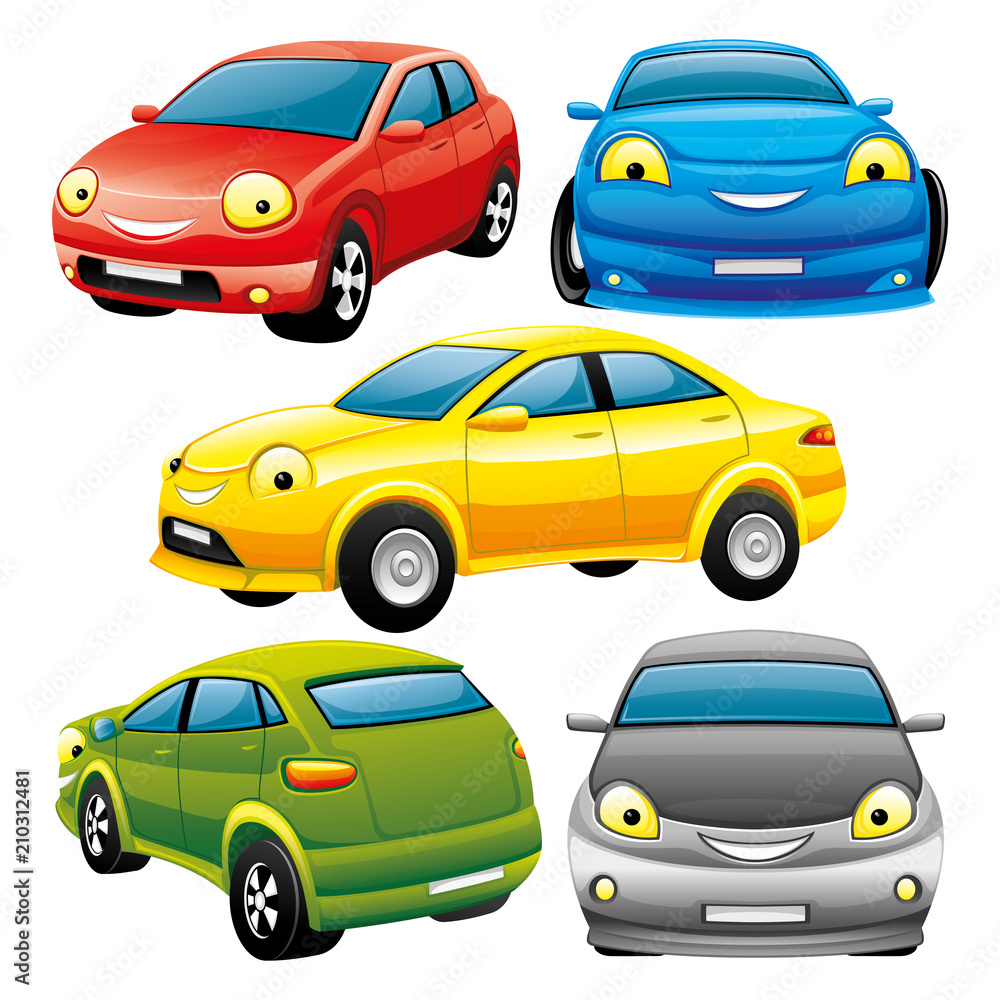 Set of cheerful toy cars on white background.