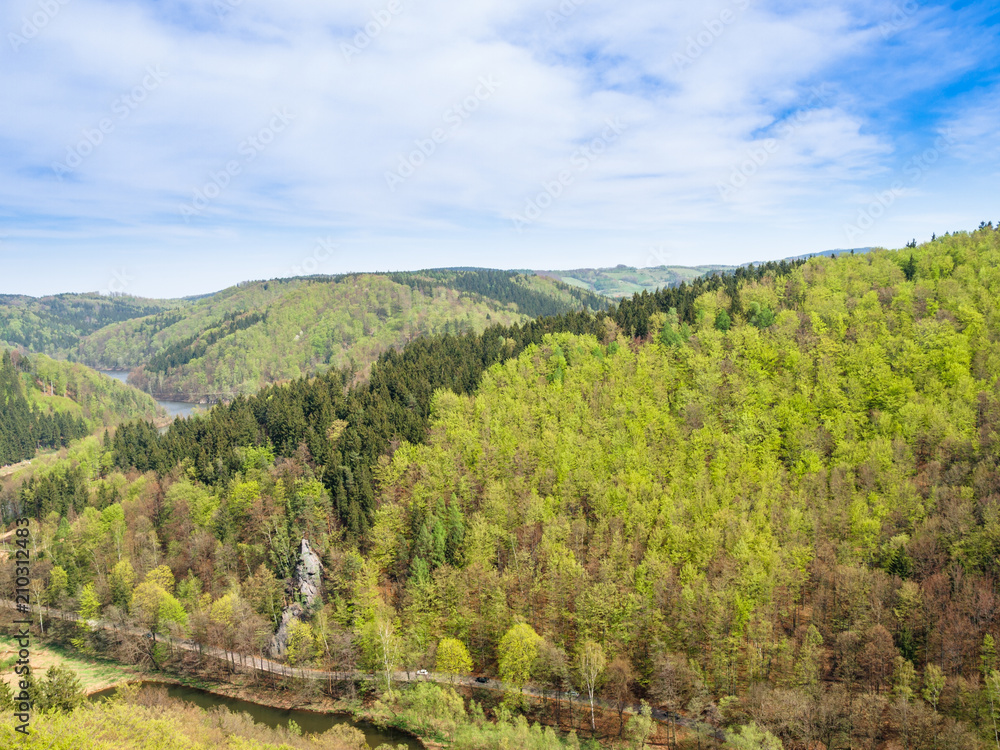 View of the Bystrzyca River, Sowie Mountains and Walbrzyskie Mountains