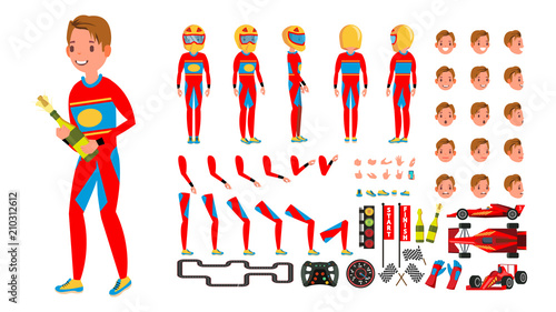 Sport Car Racer Male Vector. Red Uniform. Rally Race Car Driver. Animated Character Creation Set. Man Full Length, Front, Side, Back View. Auto Drawing Accessories, Emotions, Gestures. Illustration