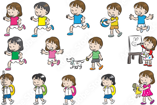 school boys and girls cartoon vector set