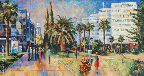  People on the streets of Sochi. Artistic work in bright and juicy colors. Painting: canvas, oil. Author: Nikolay Sivenkov.