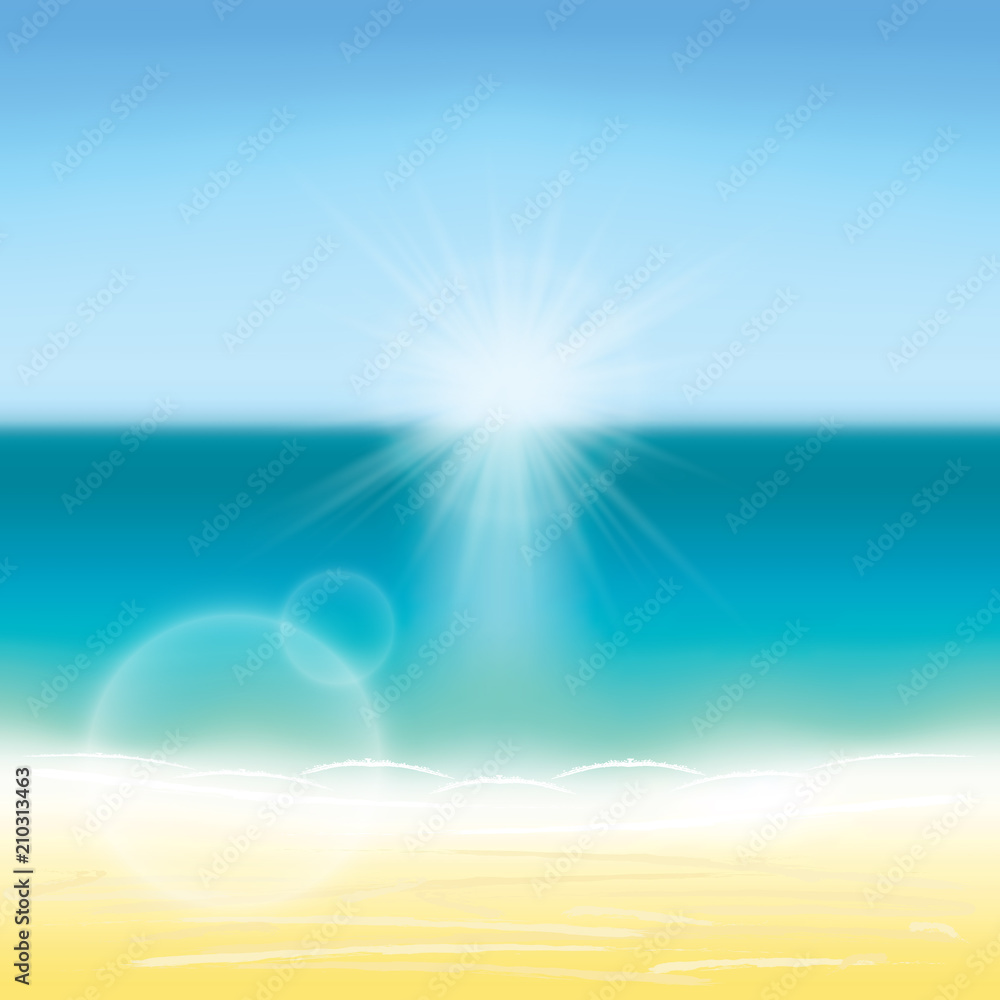 Summer background vector illustration. Blurred summer beach, sun, sky, sea, ocean and sand landscape for background and wallpaper Summer background vector illustration. Blurred summer beach, sun, sky, sea, ocean and sand landscape for background and wallpaper