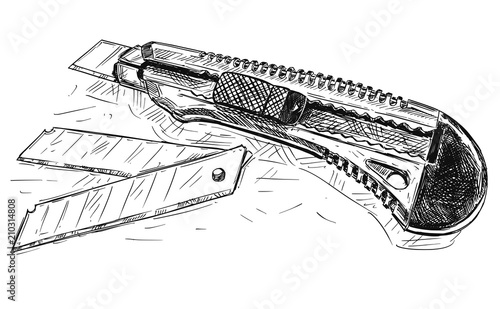 Vector artistic pen and ink drawing illustration of snap-off utility knife and blades .