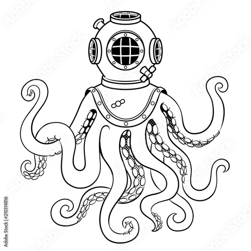 Octopus and old diver helmet coloring vector