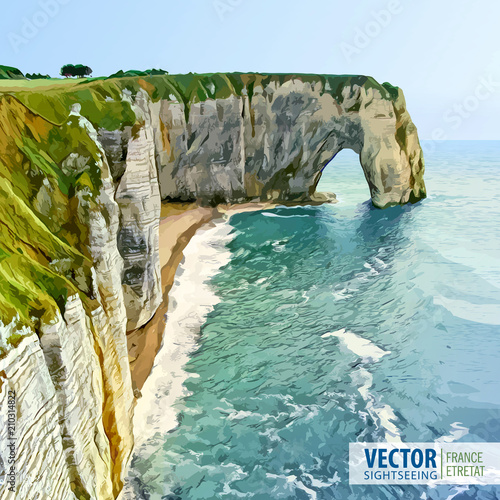 Spectacular natural cliffs Aval of Etretat and beautiful coastline. Northern France, Normandy, Europe. Stone arch. Landscape. Vector illustration.