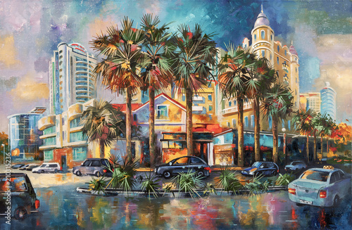 Street after rain. Architectural landscape of the beloved city of Sochi. Painting: canvas, oil. Author: Nikolay Sivenkov.