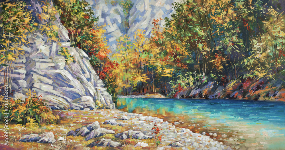 Late autumn on the river Khosta. Mountain landscape of Sochi national park. Painting: canvas, oil. Author: Nikolay Sivenkov. - obrazy, fototapety, plakaty 