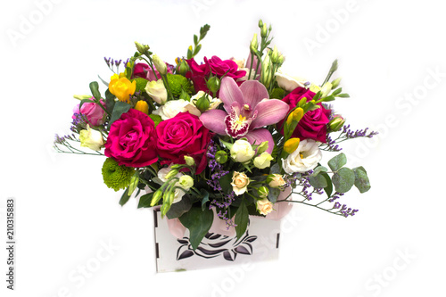 Wallpaper Mural flower arrangement with roses, freesias in a pot on a white background
 Torontodigital.ca