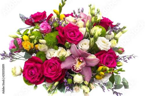 flower arrangement with roses  freesias in a pot on a white background  