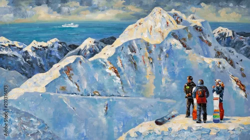 Fototapeta samoprzylepna Obraz. Snowboardziści w ośrodku narciarskim Rosa Khutor, w pobliżu Soczi, Rosja. Autor: Nikolay Sivenkov.