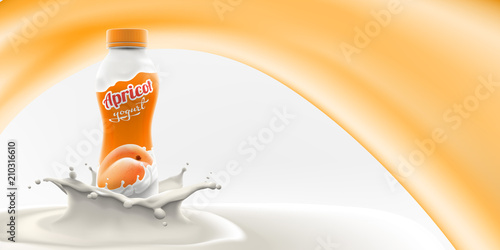 Vector ads of yogurt packging with apricot flavor and pieces in cream splash branding ready commercial flyer background realistic illustration