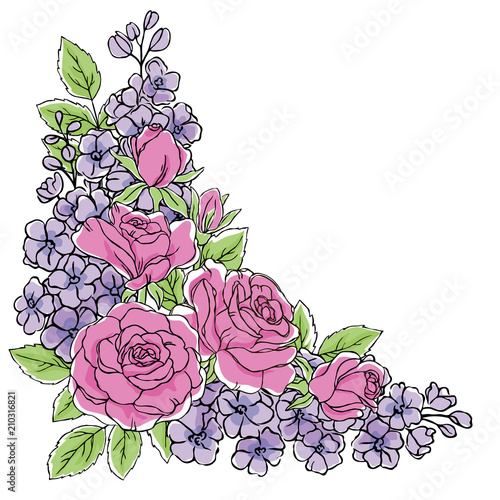 vector contour color blue delphinium pink rose flower leaf simple summer set on white corner frame border