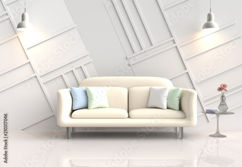 White room decor with yellow-cream sofa  pink flower in glass vase  green and white pillows  lamp  White cement wall it is pattern  white cement floor.The sun shines through the window. 3d render.