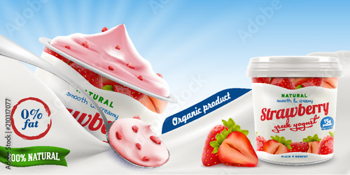 Strawberry Greek yogurt packaging jar ads with natural taste, flavor and small pieces of sliced strawbery berry in milk or cream wave realistic illustration, can be used for ice-cream packaging design