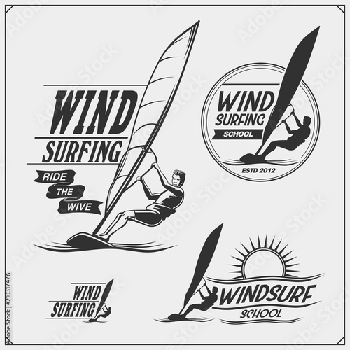 Set of windsurfing emblems, labels and badges. Surf design elements.