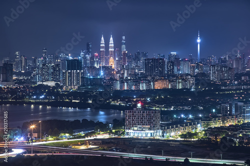 Panorama .view in the middle of Kuala Lumpur cityscape skyline .Night scene , Malaysia .