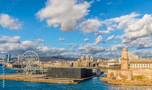 Marseille, France, March 2018, Fort St Jean by the Mediterranean Sea at this entrance of the Old Port, the cathedral 