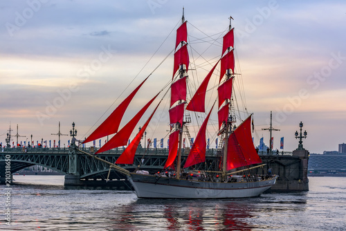 Rehearsal of the passage of the sailing ship on the Neva on the eve of a holiday of graduates "Scarlet sails" in St. Petersburg.