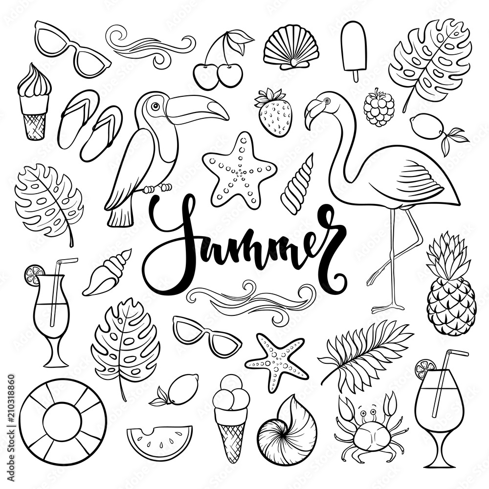 Big set of hand drawn cute cartoon summer symbol and objects for wrapping, package, poster, web design, fabric. Vector illustration isolated over white background.