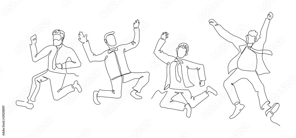 Jumping Businessman Continuous Line Art. Successful People Celebrating. Business Teamwork Linear Concept. Vector illustration Jumping Businessman Continuous Line Art. Successful People Celebrating. Business Teamwork Linear Concept. Vector illustration