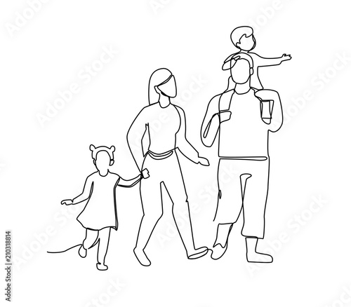 Continuous Line Parents Walking with Children. One Line Happy Family. Contour People Outdoor. Parenting Characters. Vector illustration