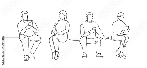 People with Gadgets Continuous Line Art. Man and Woman Using Smartphones One Line Silhouette. Mobile Technologies. Vector illustration