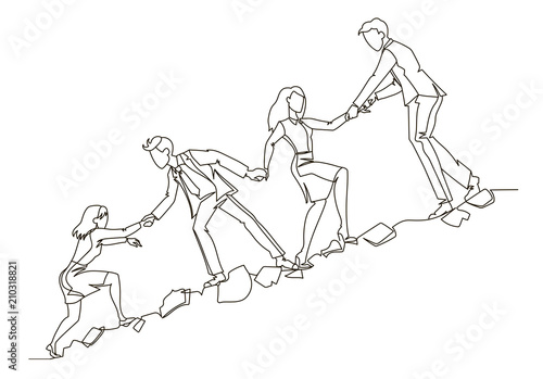 Teamwork Concept Outline. Business People Climbing Together in Mountain Continuous Line Art. Partnership, Motivation Concept. Vector illustration