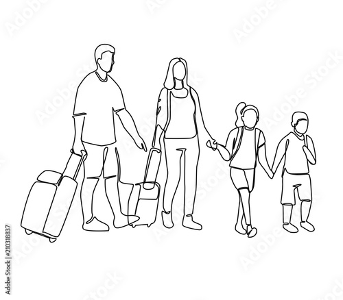 Continuous Line Parents with Children Travelling on Vacation. One Line Family with Baggage. Contour People with Luggage. Vector illustration