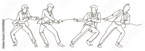 Businessman Pulling the Rope Continuous Line Art. Business Teamwork Linear Concept. Silhouette People Competition. Vector illustration