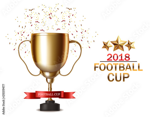 Golden cup Vector realistic. Football finals Competition. Mock up design 3d Flyer template golden backgrounds
