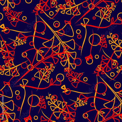 Vector botanical pattern of red and yellow flowers and grass in the background of the dark sea.