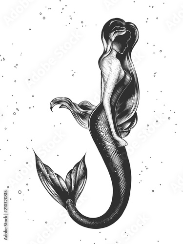 Vector engraved style illustration for posters, decoration and print. Hand drawn sketch of mermaid in monochrome isolated on white background. Detailed vintage woodcut style drawing. Mermaid