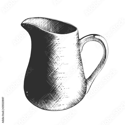Vector engraved style illustration for posters, decoration and print. Hand drawn sketch of milk jug in monochrome isolated on white background. Detailed vintage woodcut style drawing.