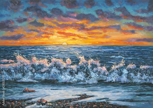 Fototapeta samoprzylepna Jasny zachód słońca podczas burzy. Obraz olejny na płótnie. Autor: Nikolay Sivenkov.