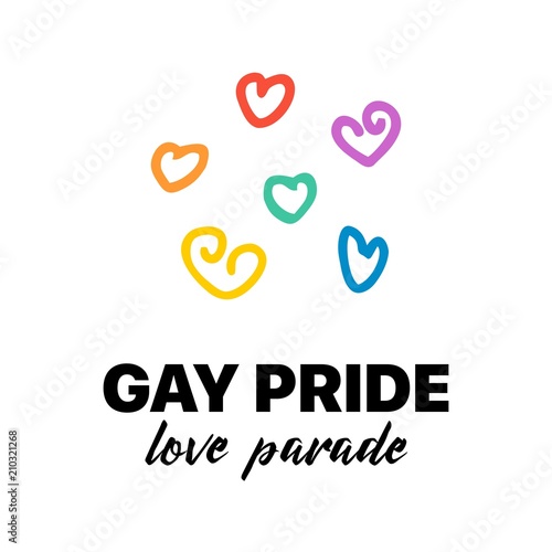 Gay pride love parade flat vector card with handdrawn colorful hearts