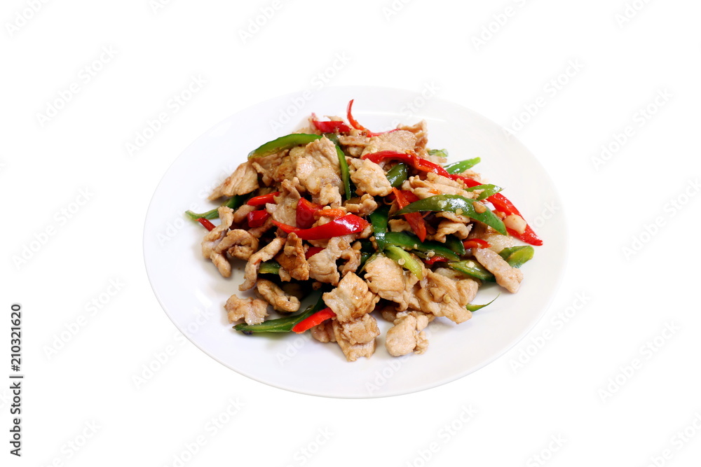 spicy food, chili food, Fried sweet pepper with pork, Fried chili paste with pork, meat, Salted pork with chili cooking oil & Basil leaves on top white dish thai food on white background spicy food, chili food, Fried sweet pepper with pork, Fried chili paste with pork, meat, Salted pork with chili cooking oil & Basil leaves on top white dish thai food on white background