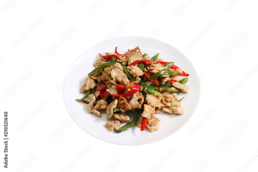 spicy food, chili food, Fried sweet pepper with pork, Fried chili paste with pork, meat, Salted pork with chili cooking oil & Basil leaves on top white dish thai food on white background spicy food, chili food, Fried sweet pepper with pork, Fried chili paste with pork, meat, Salted pork with chili cooking oil & Basil leaves on top white dish thai food on white background