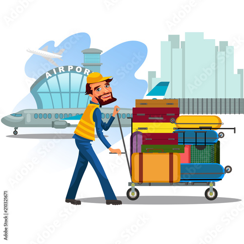 Man carries trolley with luggage for loading in airplane, transportation of suitcases and travel bags by attendants at the airport vector illustration