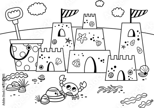 Black and white sand castle  on the beach. Vector illustration. 