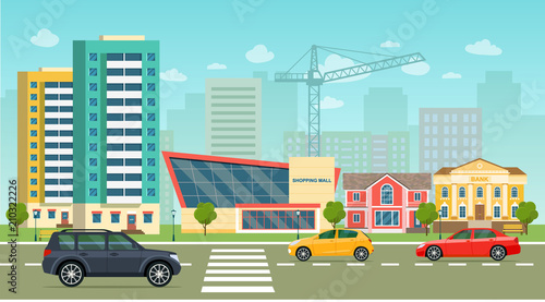 City life set with cars, road, buildings. City street panoramic. Vector flat style illustration © lyudinka