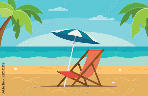 Beach chaise longue with umbrella  beach scene with sea and palms. Vector illustration in flat style
