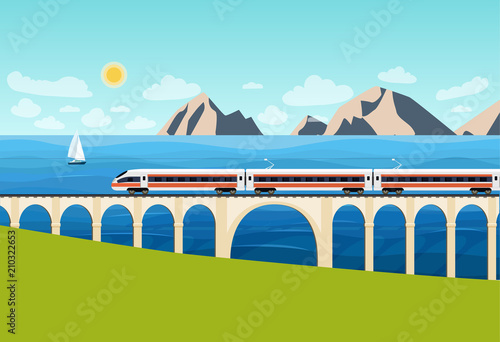 Train on railway and bridge with  mountains and ocean. Vector flat style illustration