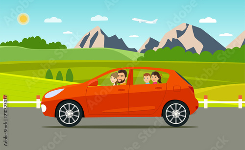 Fototapeta Naklejka Na Ścianę i Meble -  Funny  family driving in car on weekend holiday. Summer  landscape.Vector flat style illustration