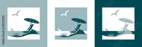 Sommerferien Vektorlogo mit Liegestuhl, Sonnenschirm, Möwe, Segelboot, Strand und Meer