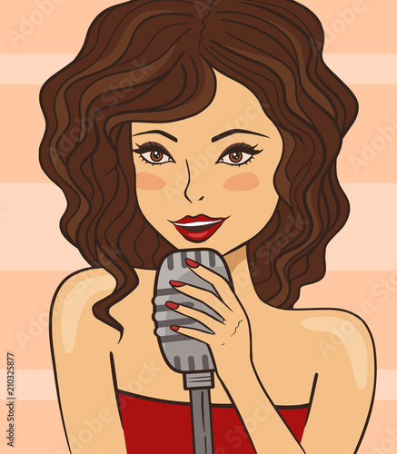 Lovely vintage woman singing, vector illustration.